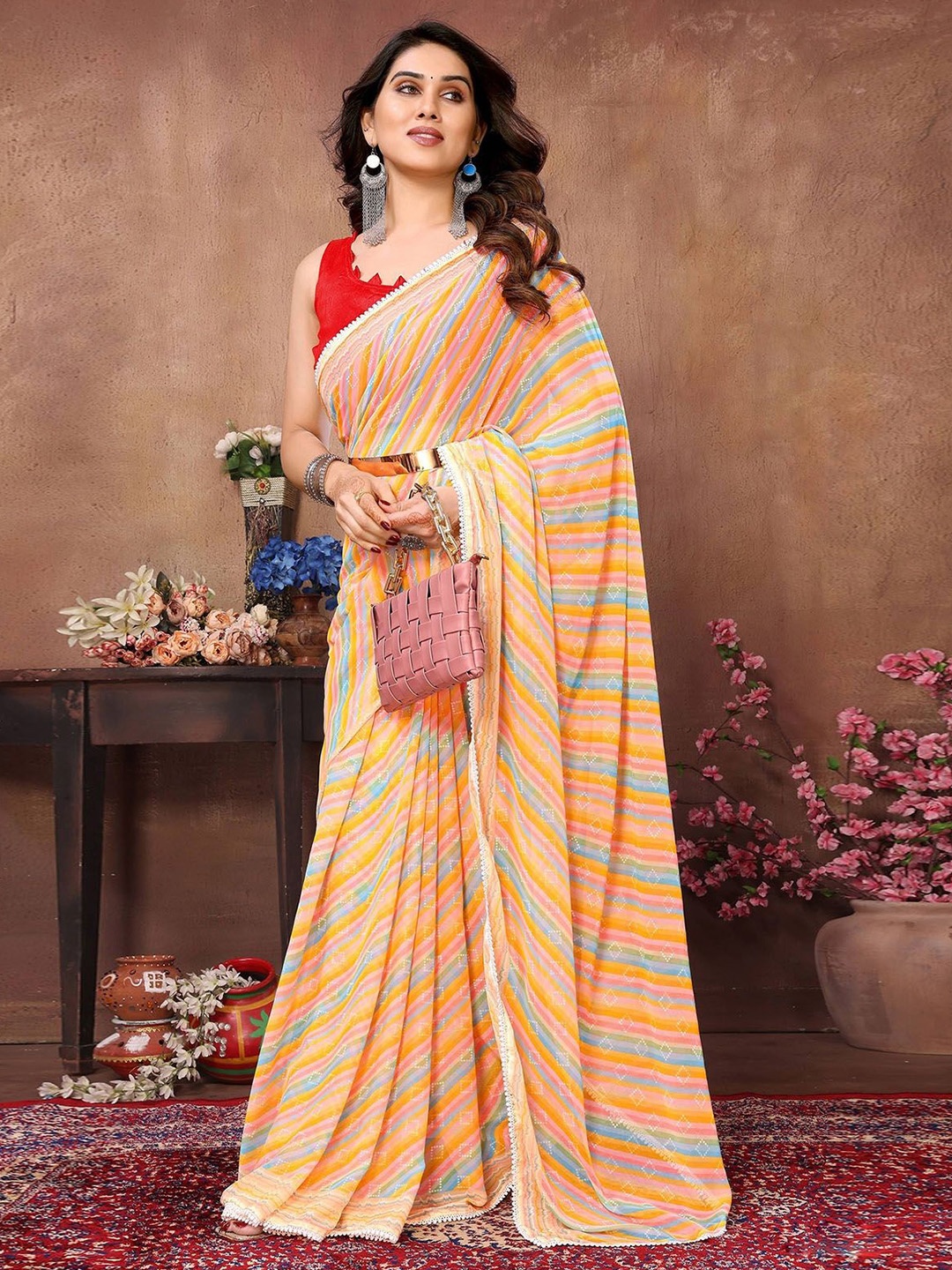 

ODETTE Striped Ready to Wear Saree, Yellow