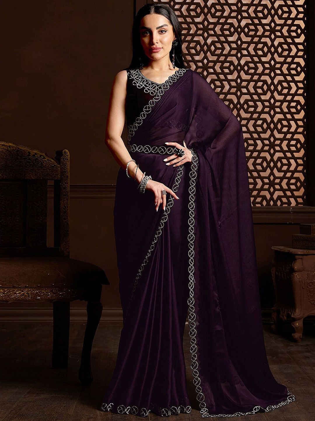 

ODETTE Beads and Stones Embellished Satin Saree, Purple