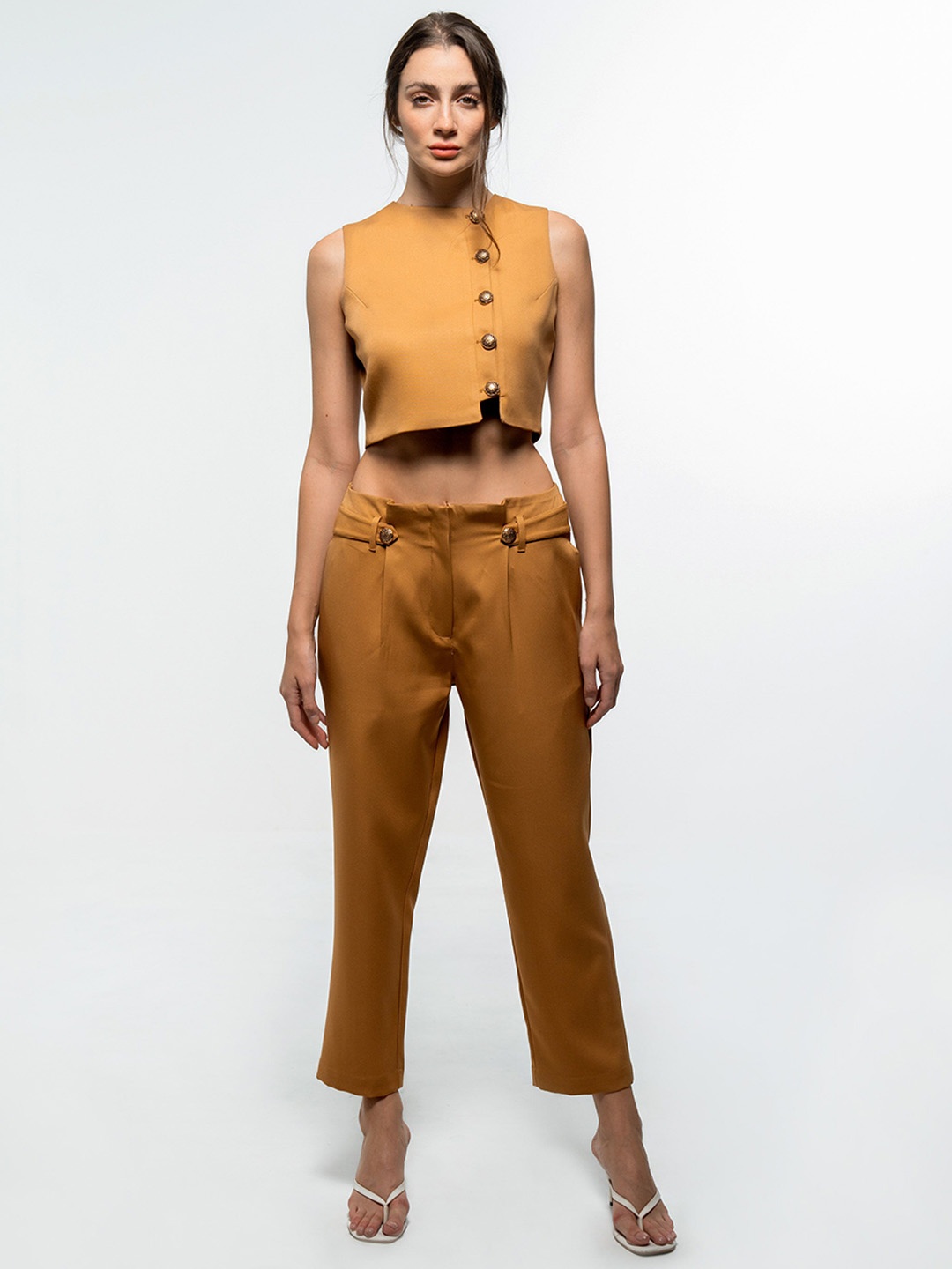 

SOTBELLA Women Trousers With Mock Waist Belt Detail, Brown