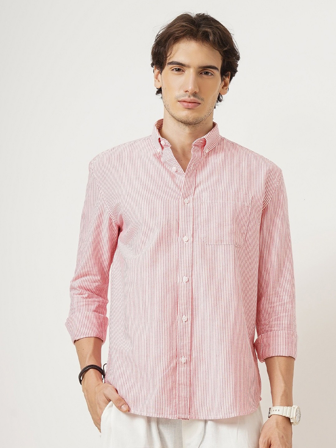 

British Club Men Standard Opaque Striped Casual Shirt, Red