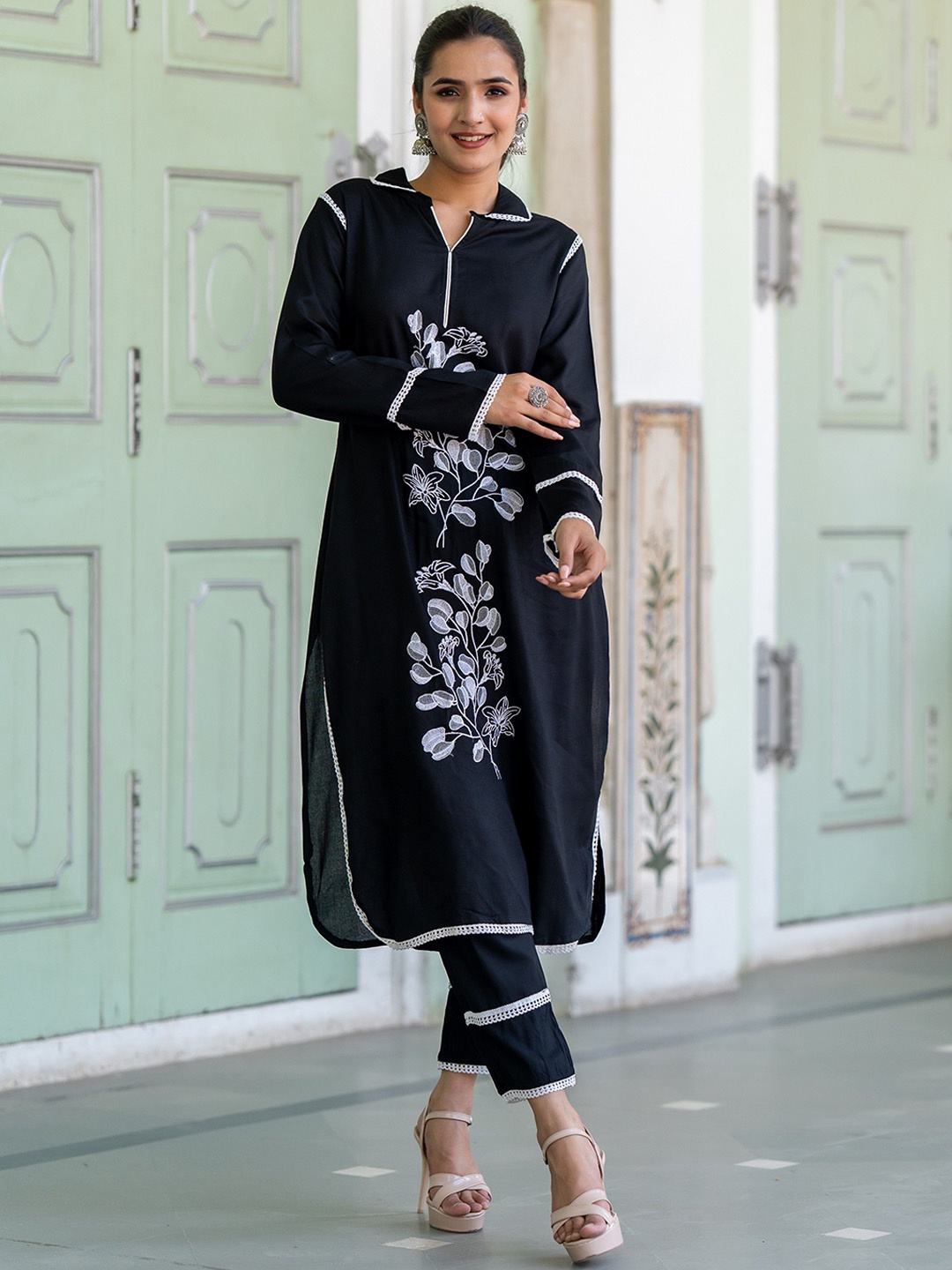 

KALINI Floral Embroidered Pure Cotton Straight Kurta With Trouser, Black