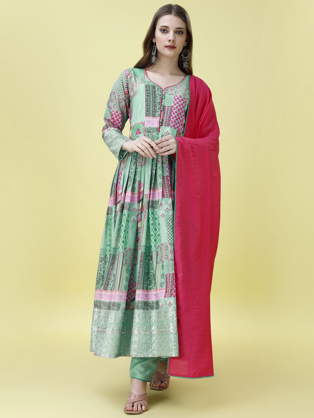 

KALINI Ethnic Motifs Printed Anarkali Kurta With Trousers & Dupatta, Sea green