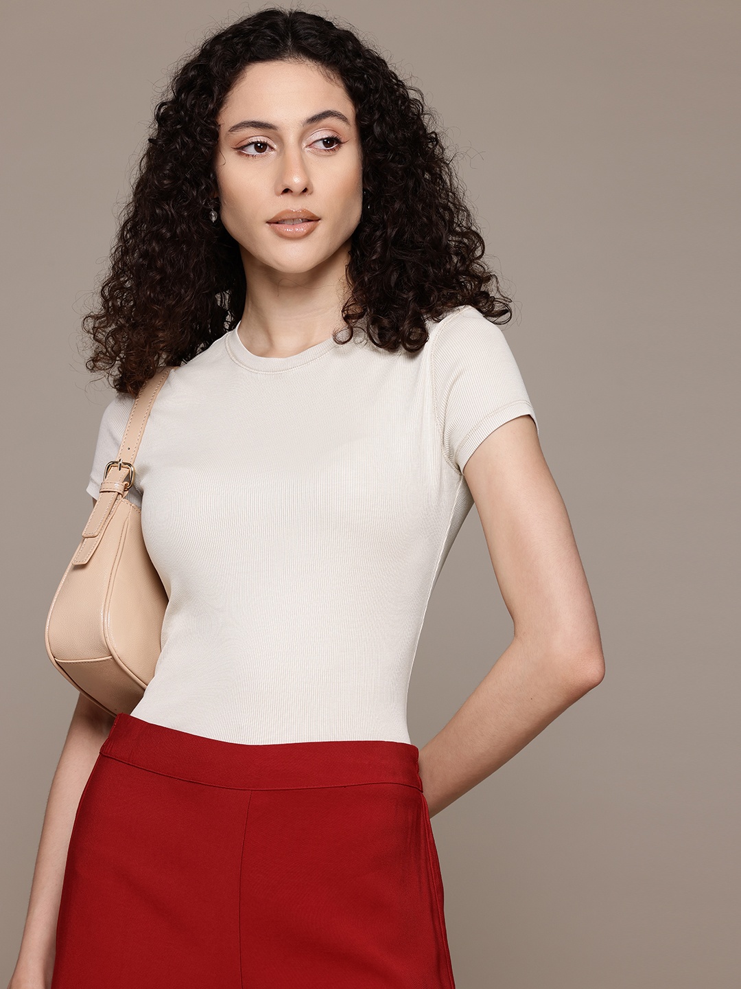 

MANGO Ribbed Slim Fit T-shirt, Beige