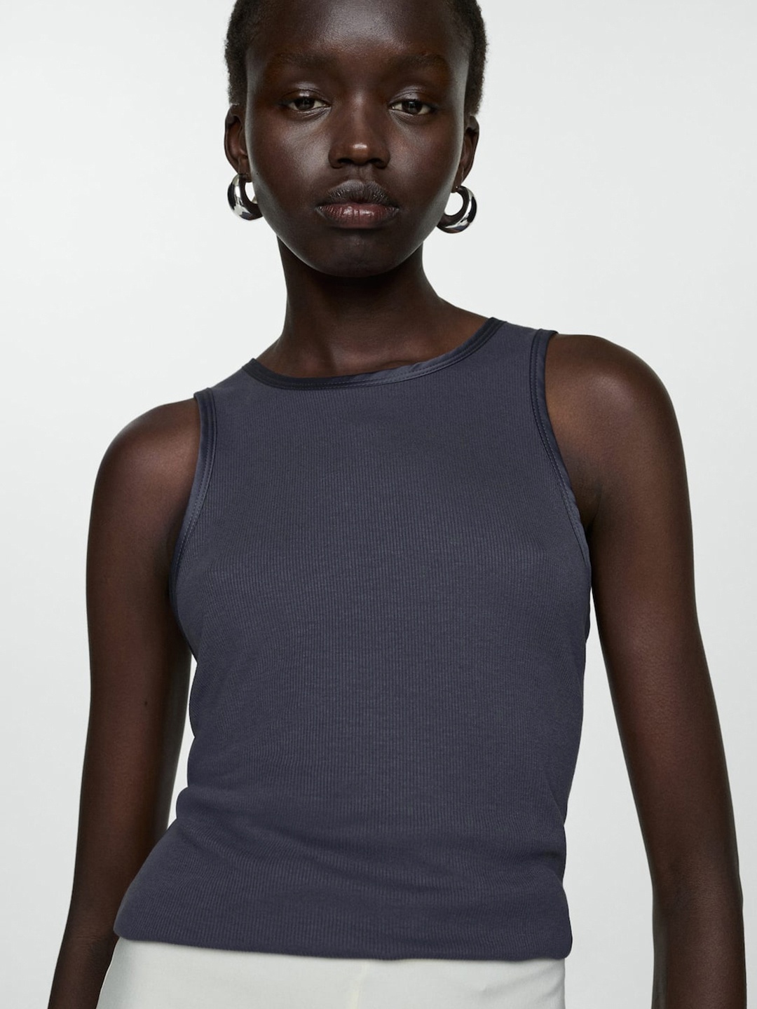 

MANGO Ribbed Fitted Satin Detail Top, Navy blue