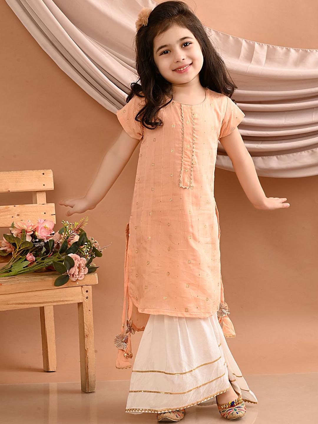 

Here&Now X Kinder KidsGirls Floral Embroidered Pure Cotton Straight Kurta With Sharara, Peach