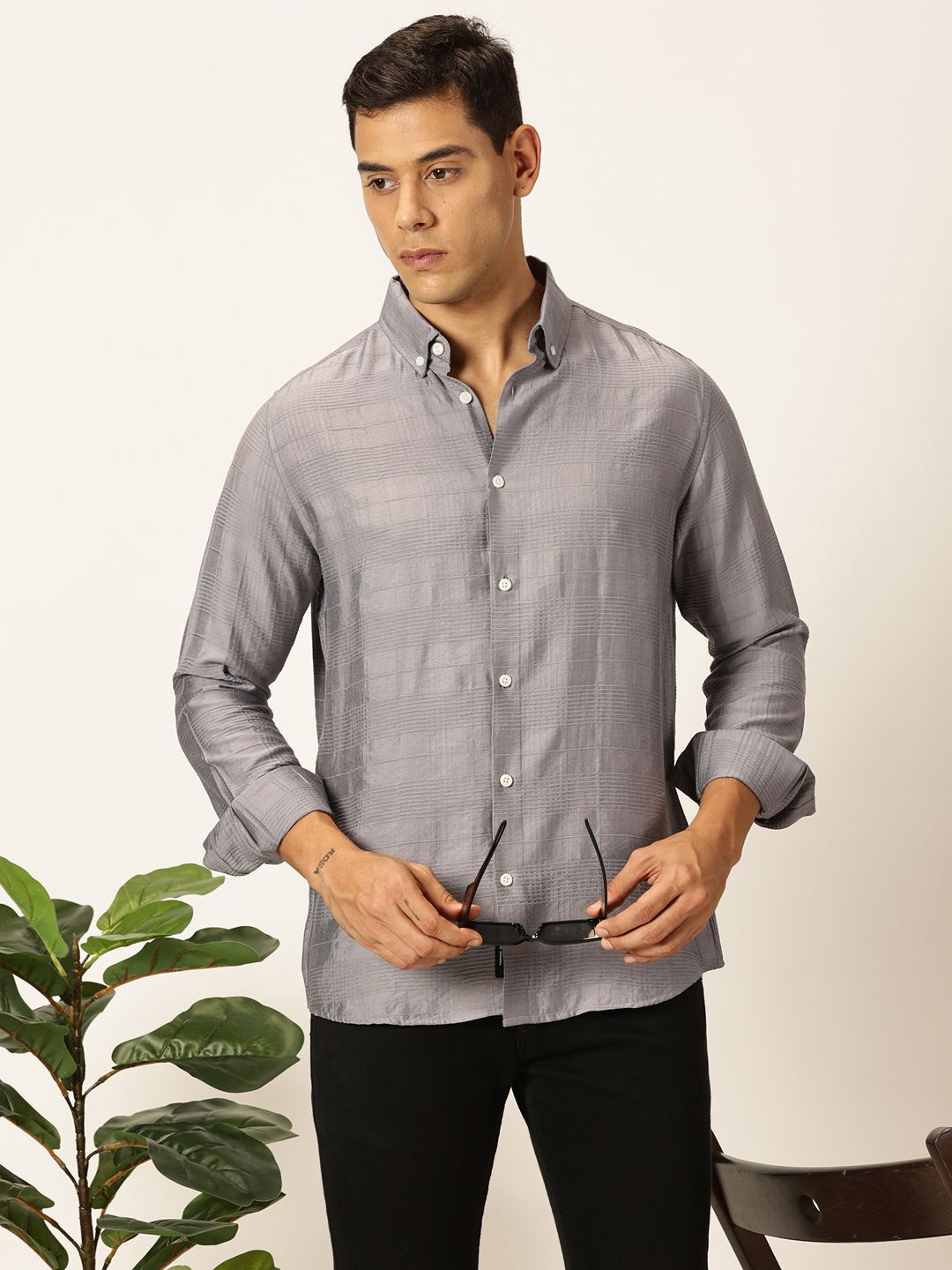 

Thomas Scott Men Premium Button-Down Collar Tartan Checked Cotton Slim Fit Casual Shirt, Grey