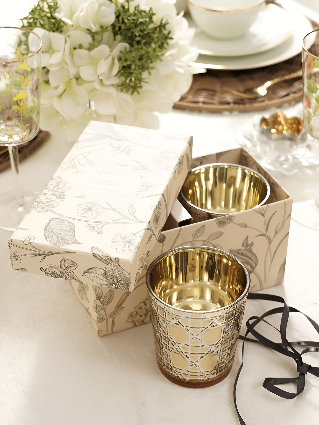 

Pure Home and Living Gold Toned 2 Pieces Printed Glass Candle Holders