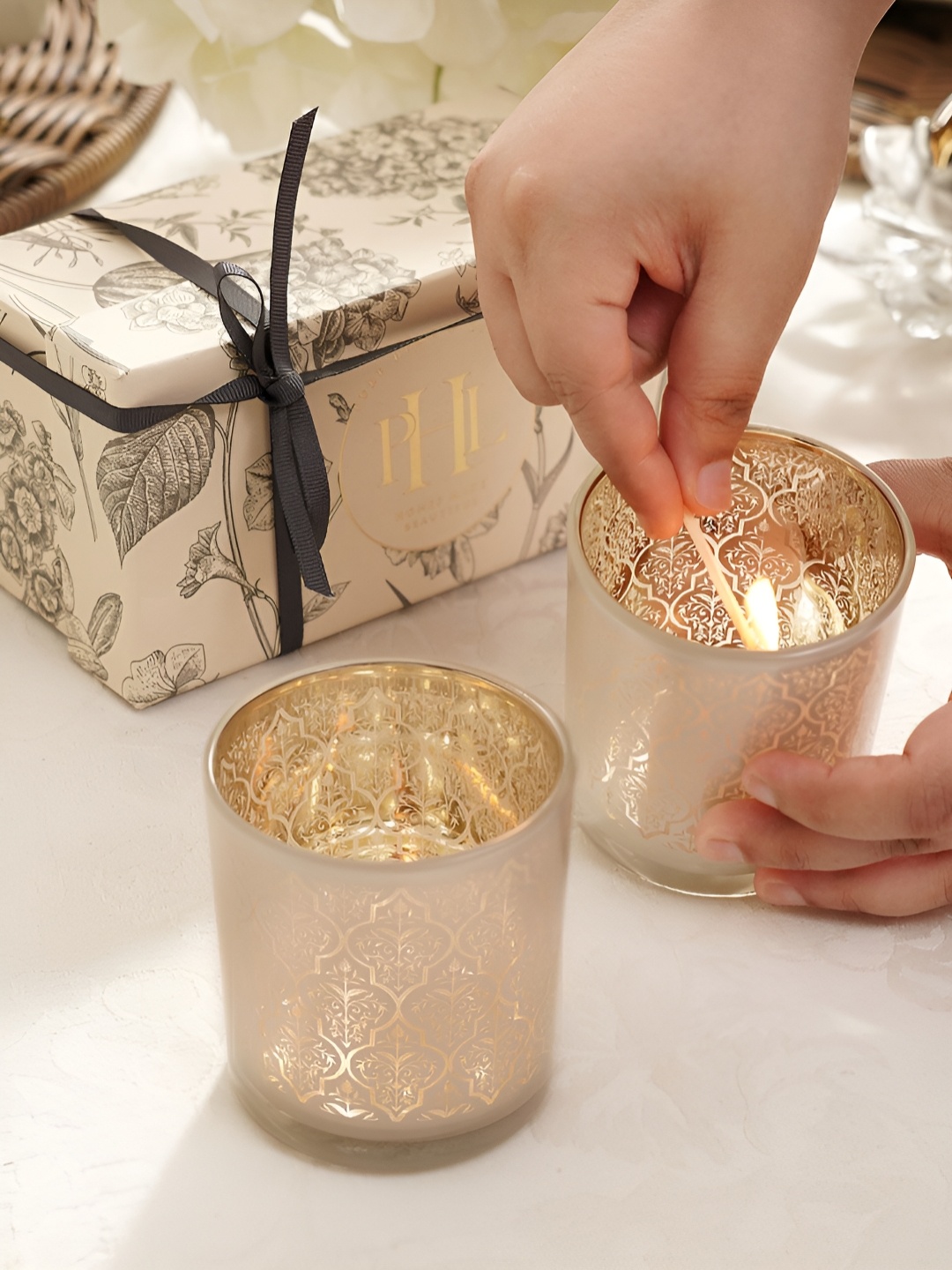 

Pure Home and Living White & Gold Toned 2 Pieces Printed Glass Candle Holders