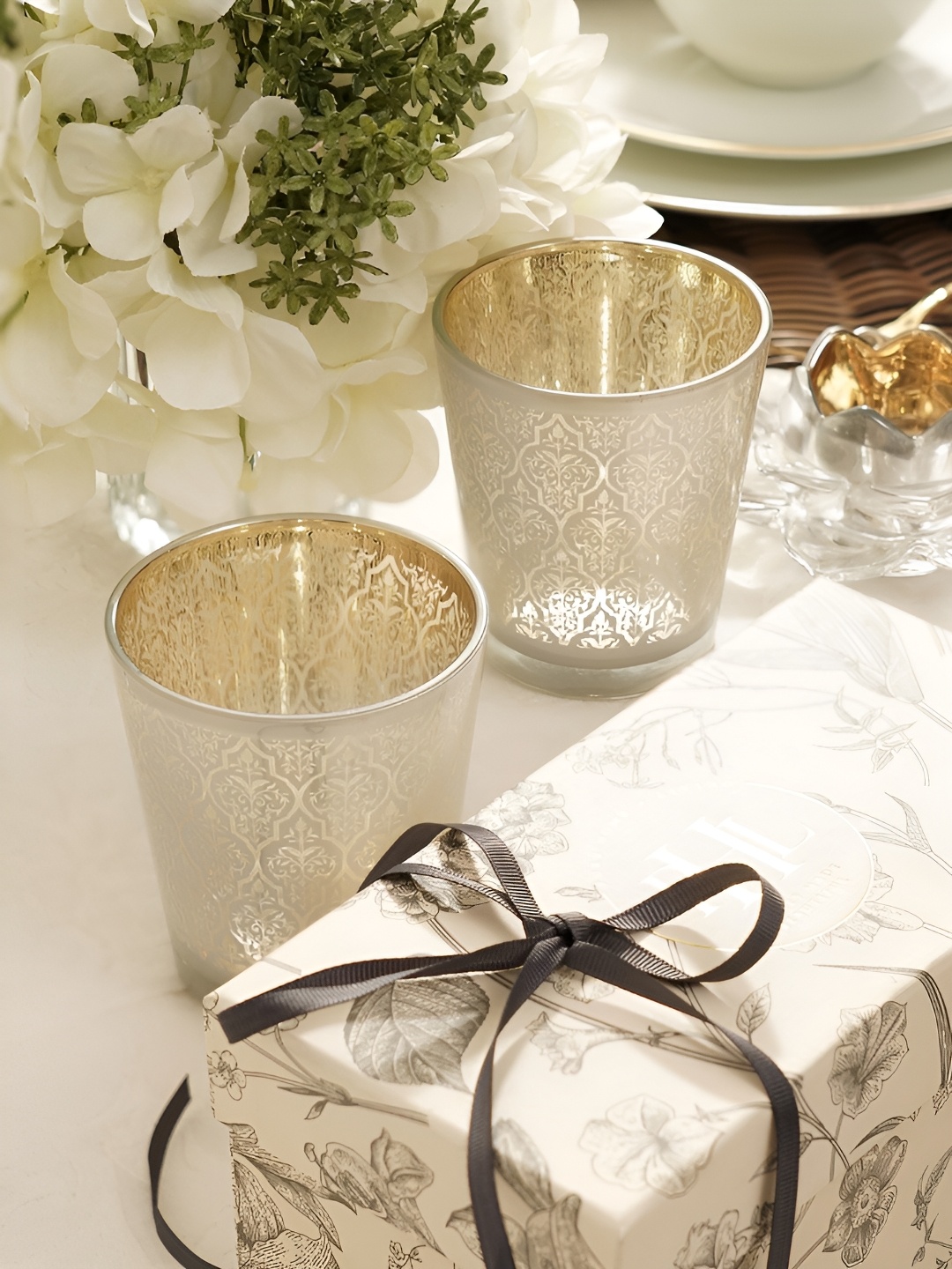 

Pure Home and Living White & Gold Toned 2 Pieces Printed Glass Candle Holders