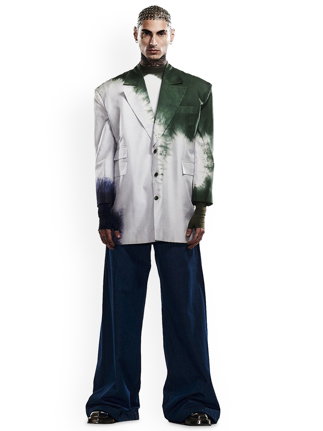 

BLONI Men Colourblocked Longline Biker Jacket, Green