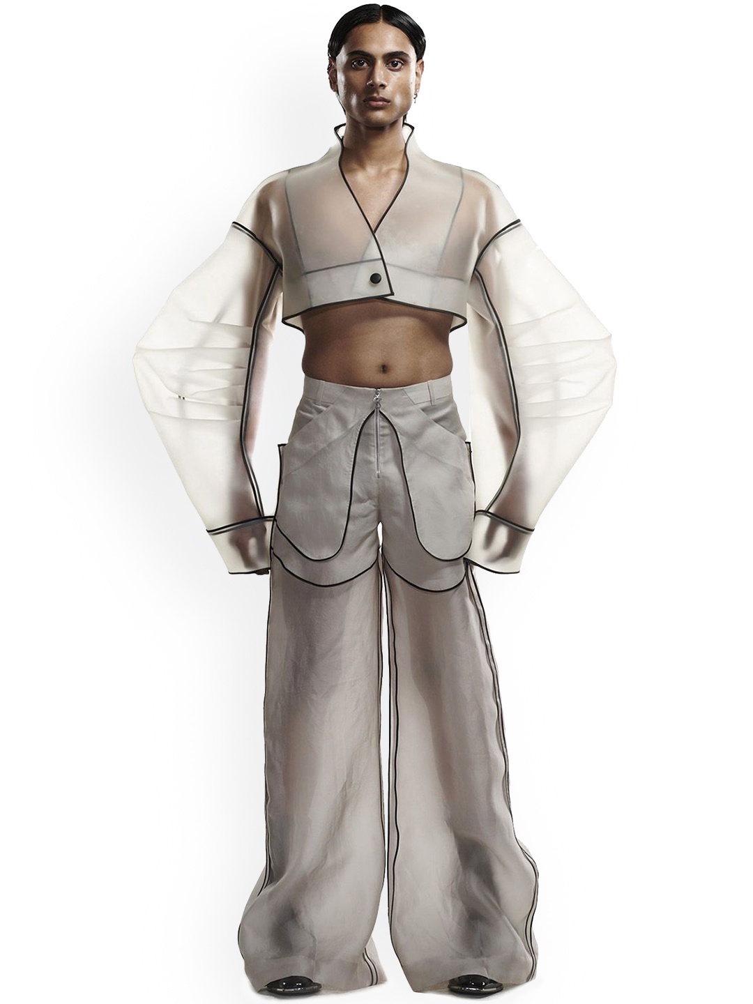 

BLONI Men Colourblocked Longline Open Front Jacket, Silver