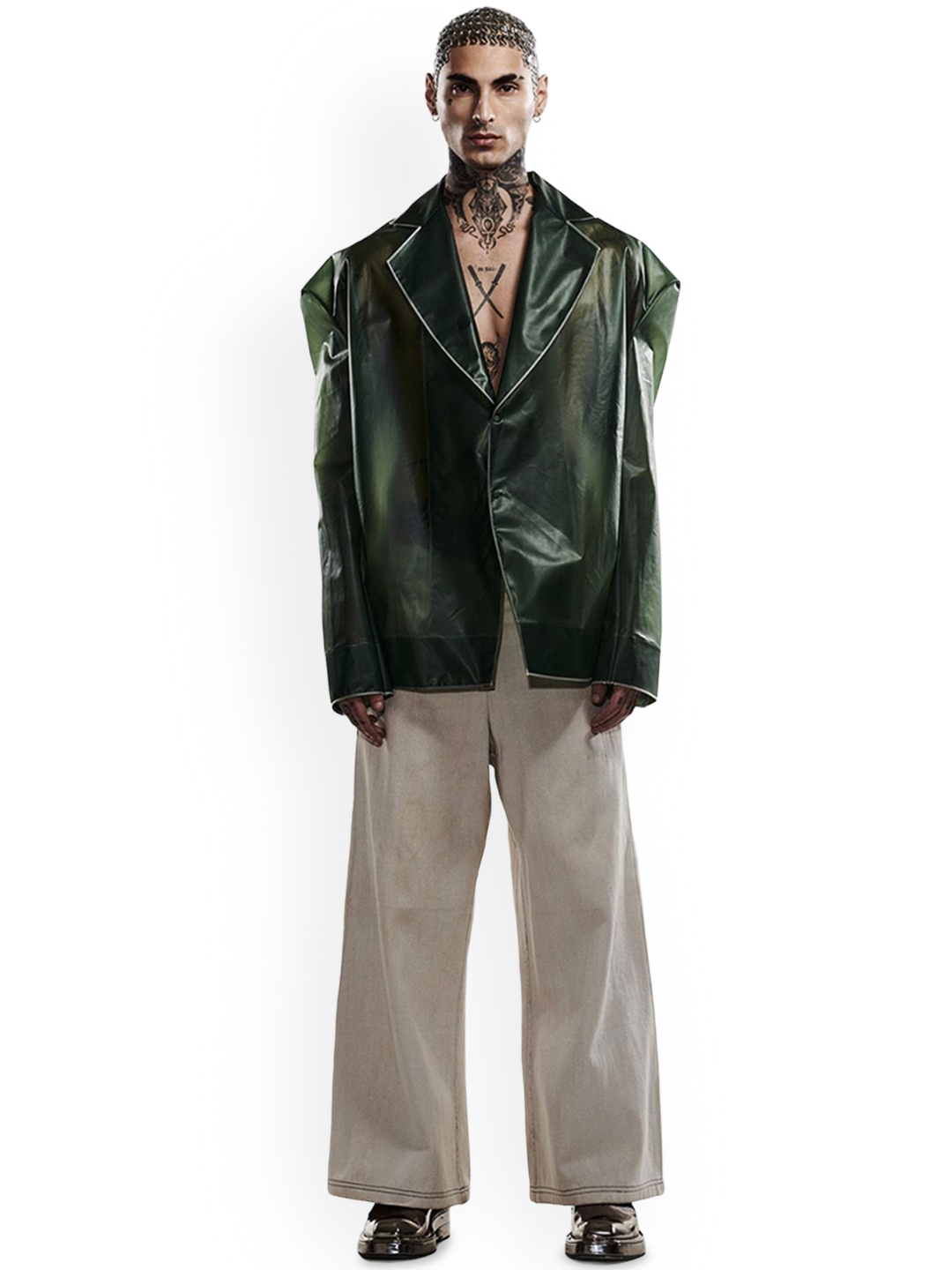 

BLONI Men Colourblocked Longline Biker Jacket, Green