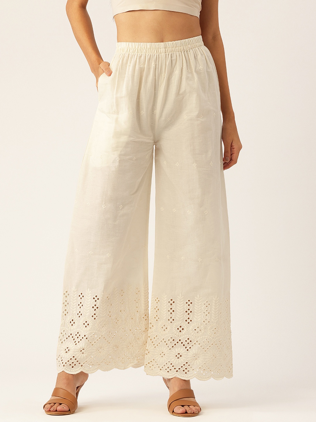 

FERANOID Women Embroidered Pure Cotton Ethnic Palazzos, Beige
