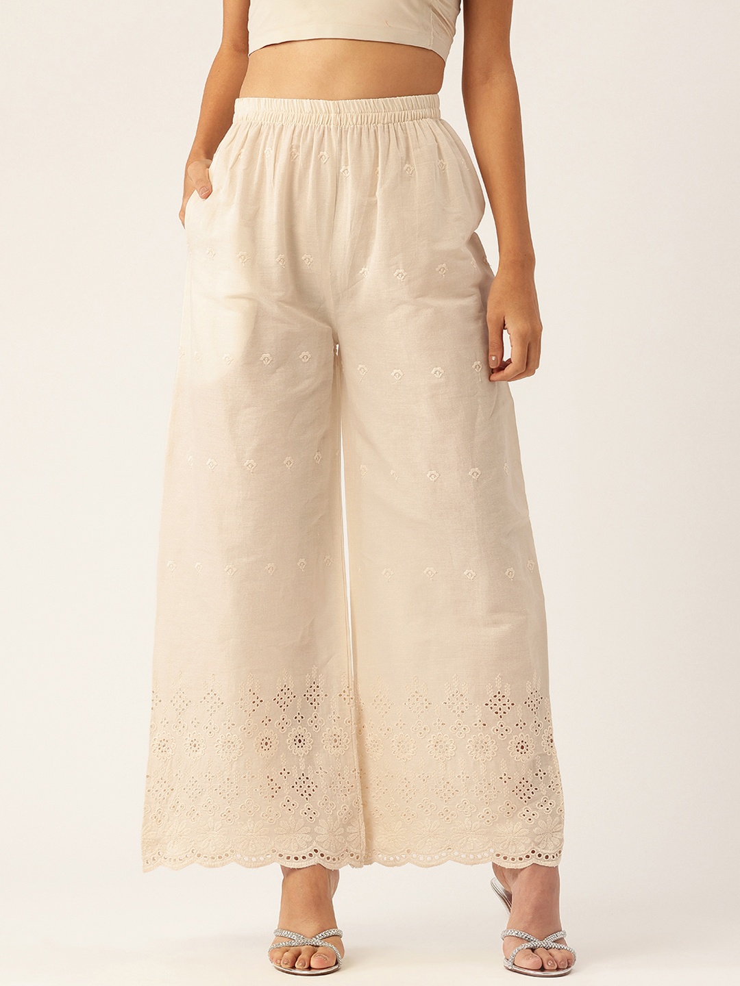

FERANOID Women Ethnic Motifs Embroidered Pure Cotton Ethnic Palazzos, Beige
