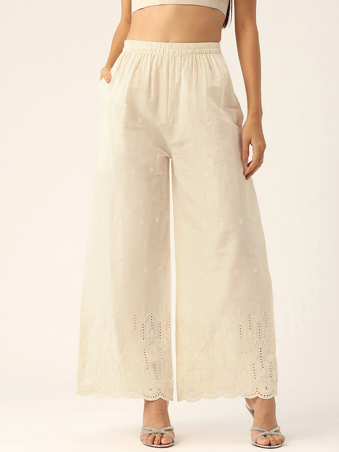 

FERANOID Women Floral Embroidered Pure Cotton Ethnic Palazzos, Beige