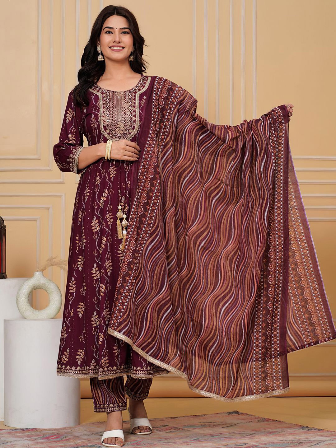 

KALINI Floral Embroidered Zari Empire Anarkali Kurta With Trouser & Dupatta, Burgundy