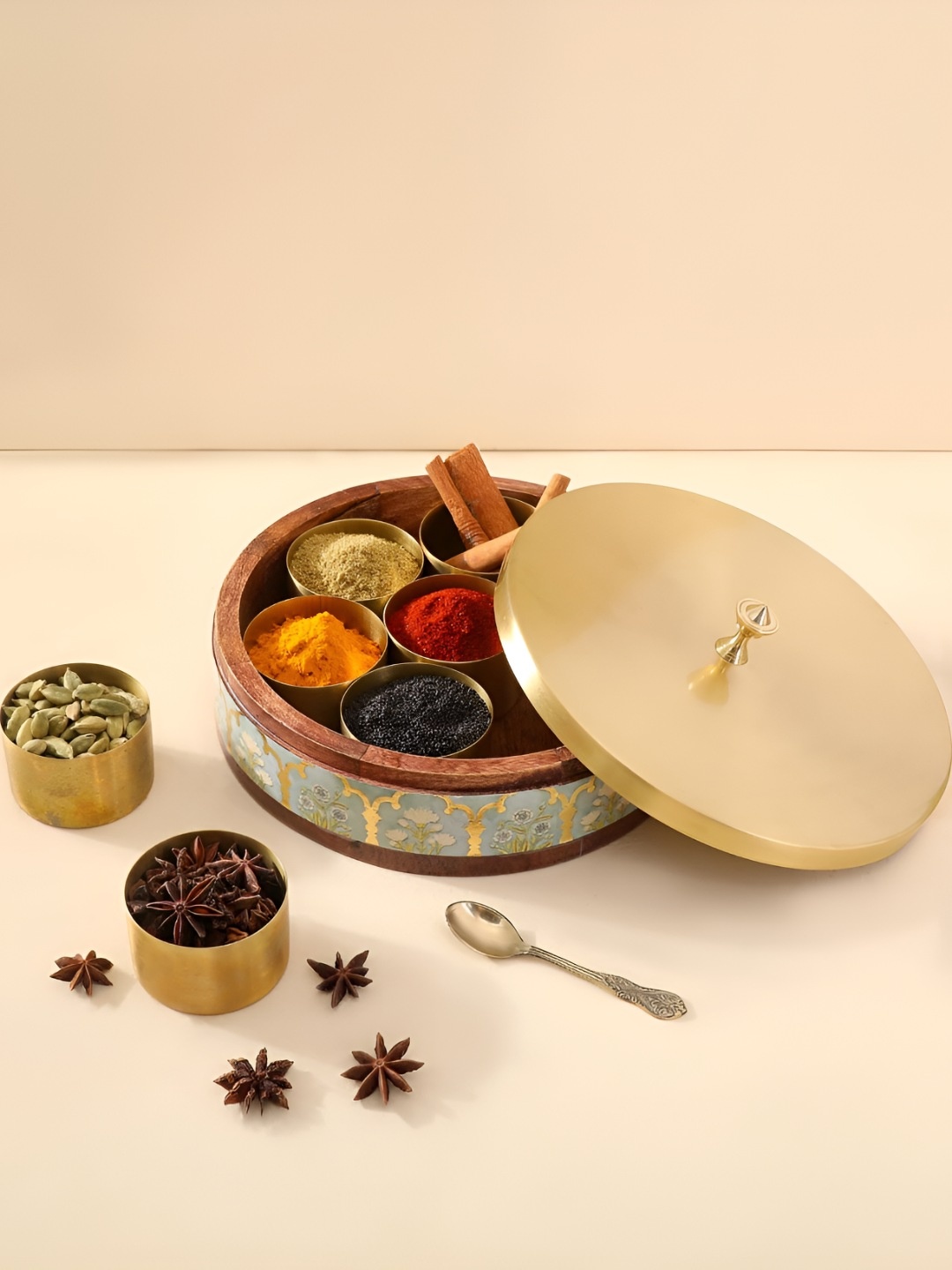 

THE HOME CO. Blue & Gold Toned Printed Wooden Spice Box With Lid