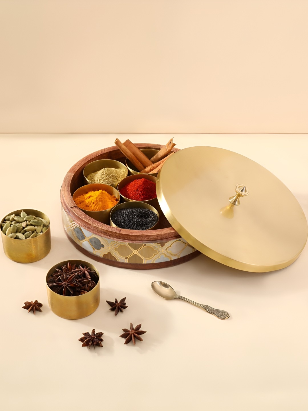 

THE HOME CO. Brown & White Printed Wooden Spice Box With Lid