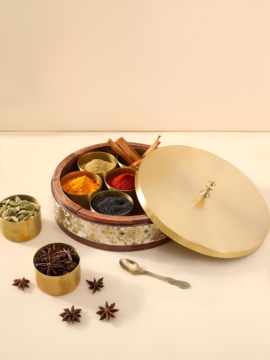 

THE HOME CO. Brown & White Printed Wooden Spice Box With Lid
