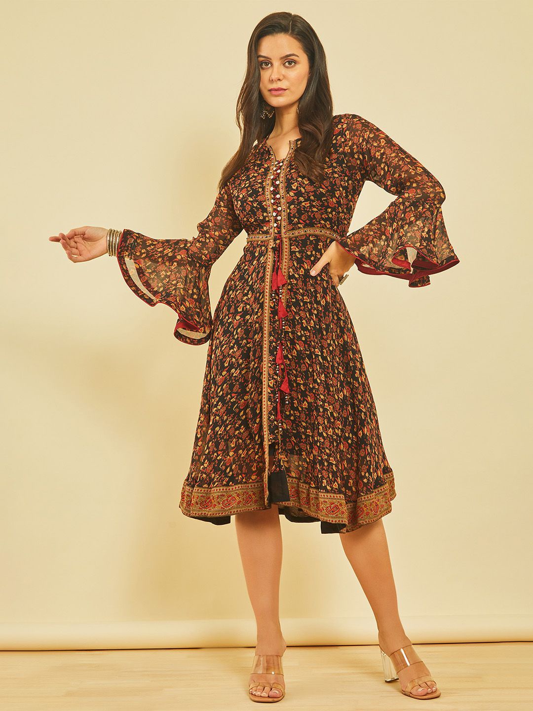 

Soch Floral Print Bell Sleeve Georgette A-Line Midi Dress, Black