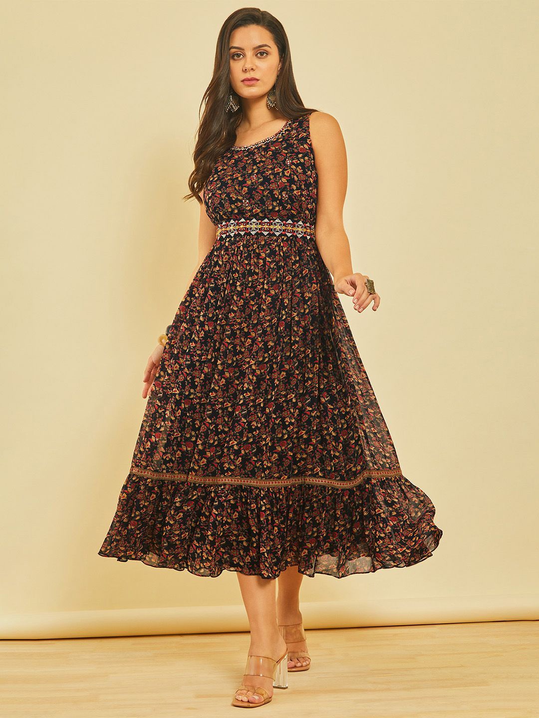 

Soch Floral Print Georgette Fit and Flare Midi Dress, Black