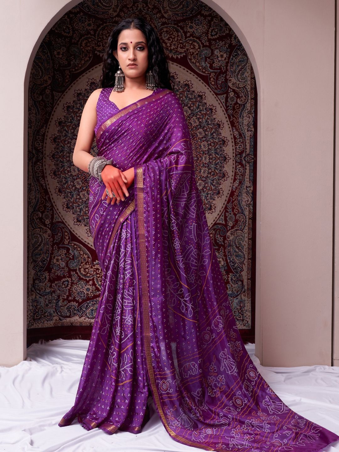 

Bandhanivilla Bandhani Zari Pure Silk Bandhani Saree, Purple