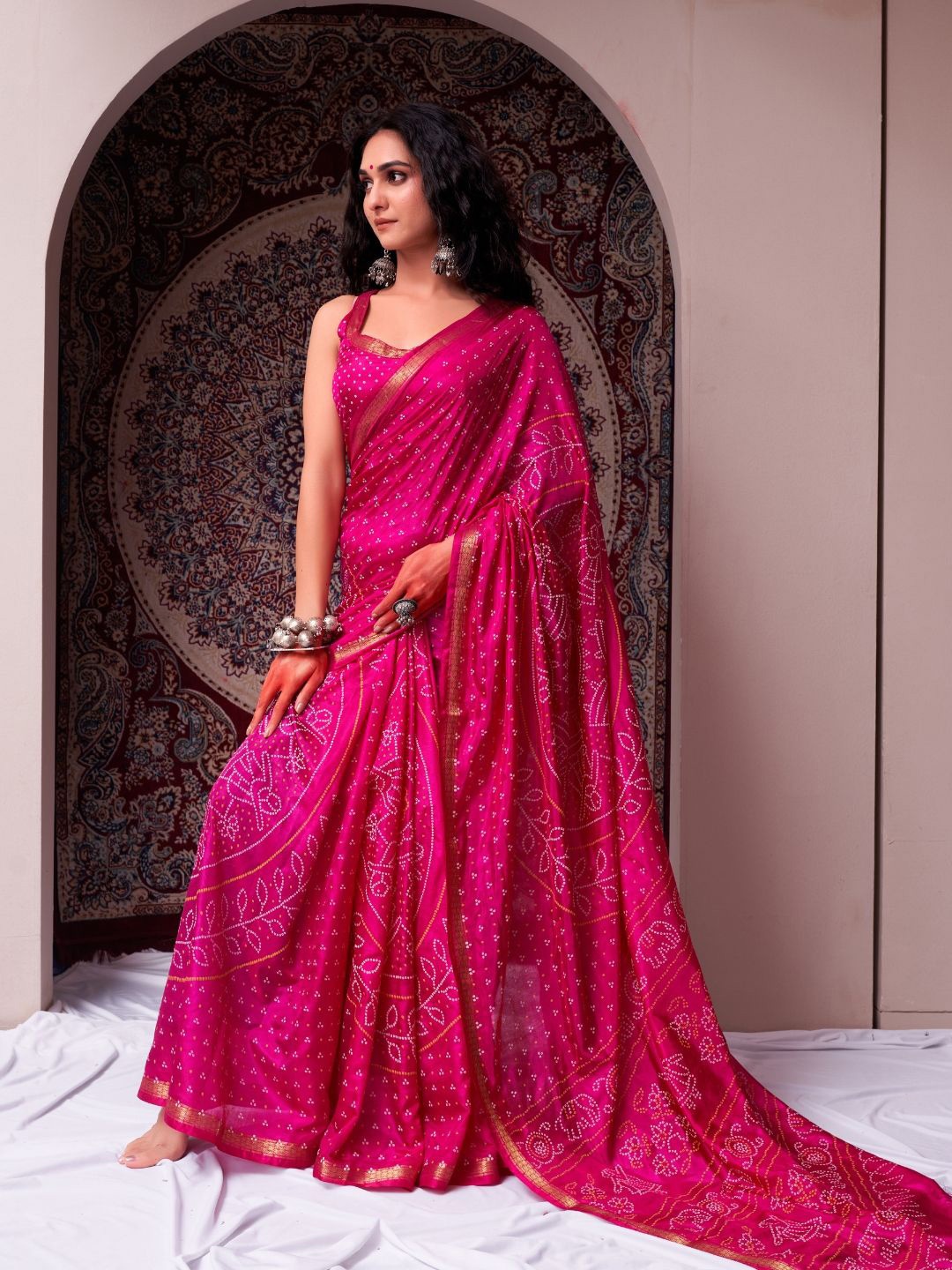 

Bandhanivilla Bandhani Zari Pure Silk Bandhani Saree, Pink