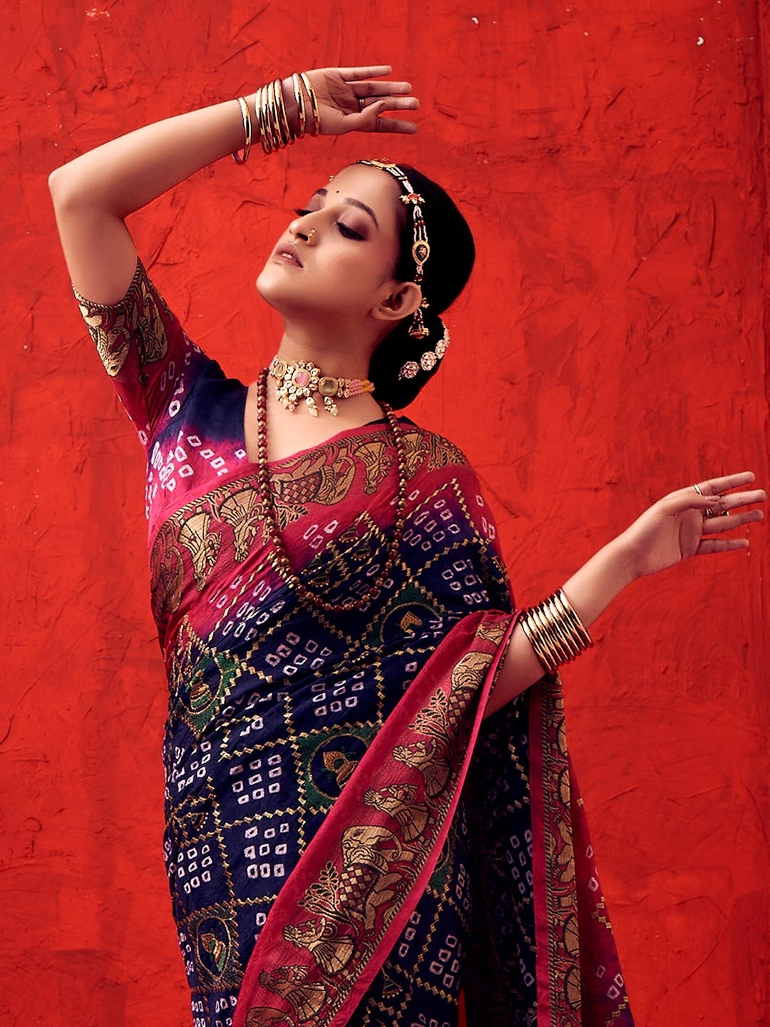 

Bandhanivilla Bandhani Embroidered Pure Silk Bandhani Saree, Navy blue
