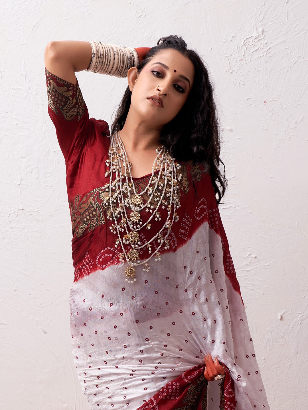 

Bandhanivilla Bandhani Zari Pure Silk Bandhani Saree, White