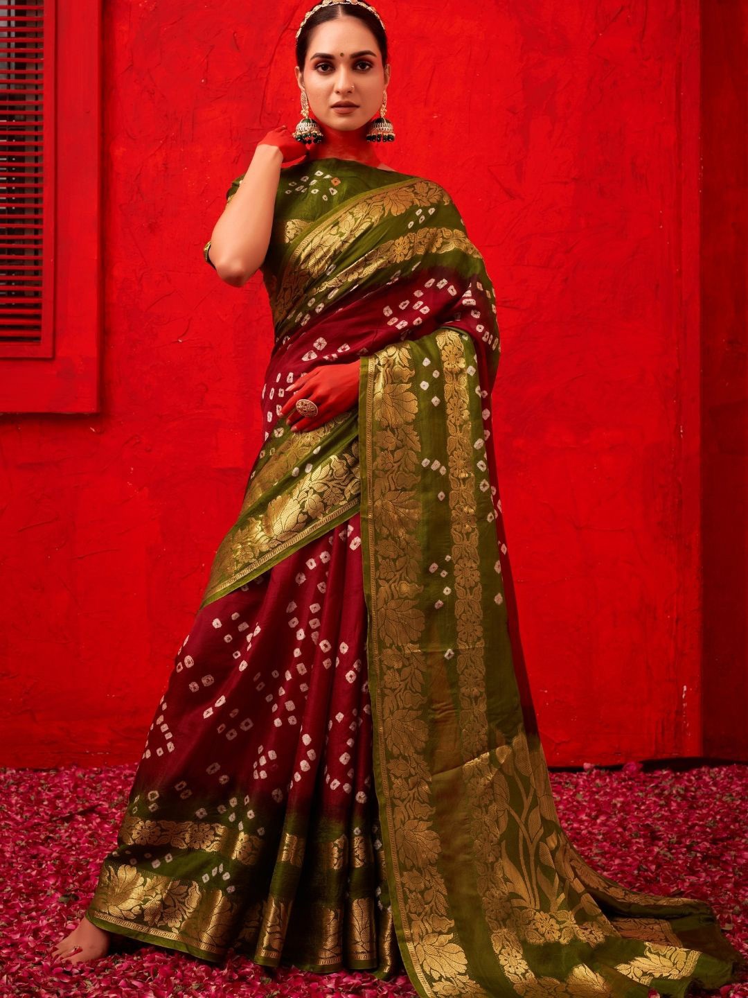 

Bandhanivilla Bandhani Zari Pure Silk Bandhani Saree, Red