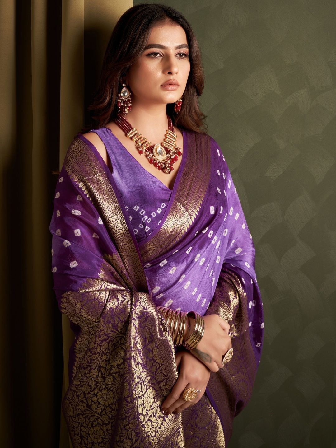 

Bandhanivilla Bandhani Zari Pure Silk Bandhani Saree, Lavender