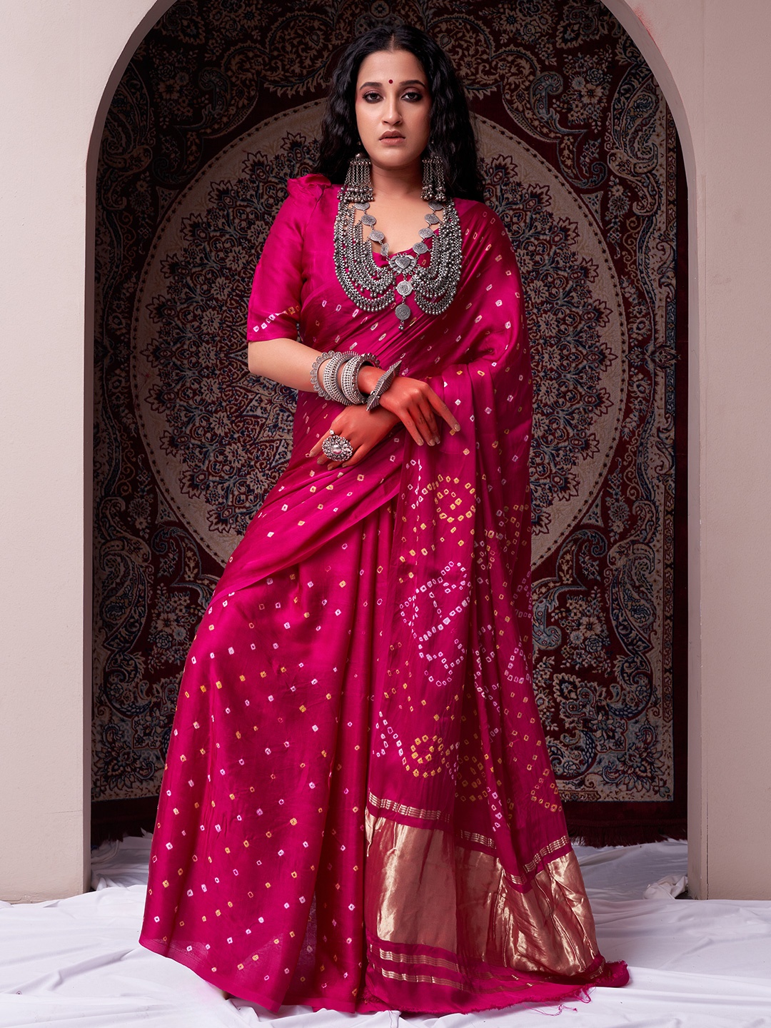 

Bandhanivilla Bandhani Zari Pure Silk Bandhani Saree, Pink