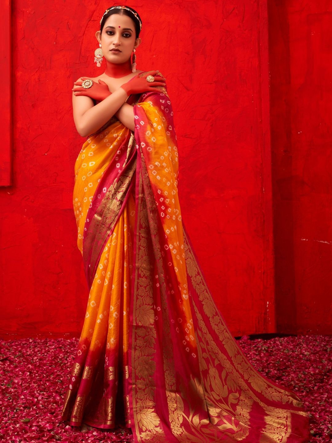 

Bandhanivilla Bandhani Zari Pure Silk Bandhani Saree, Gold