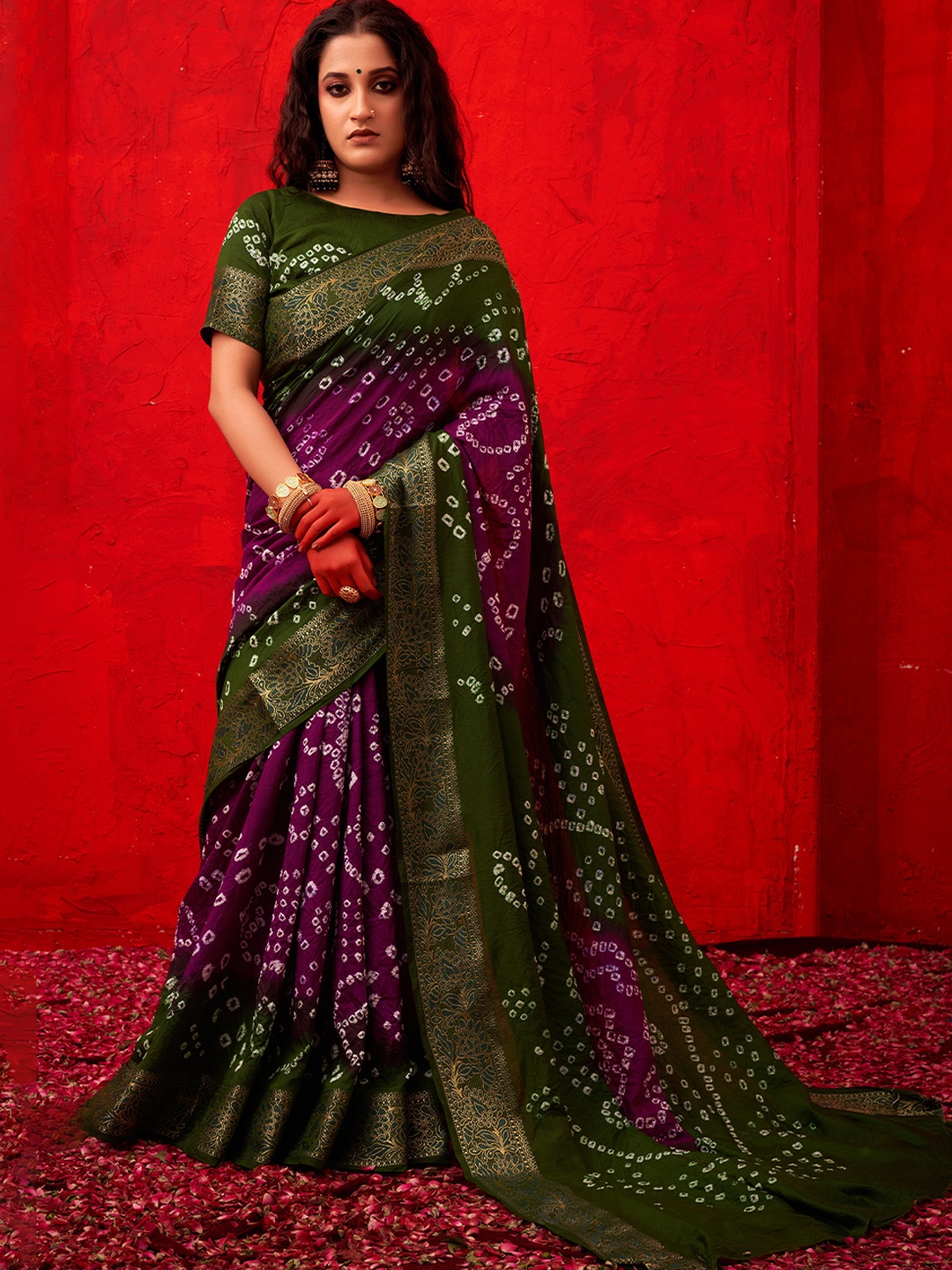 

Bandhanivilla Bandhani Zari Pure Silk Bandhani Saree, Purple