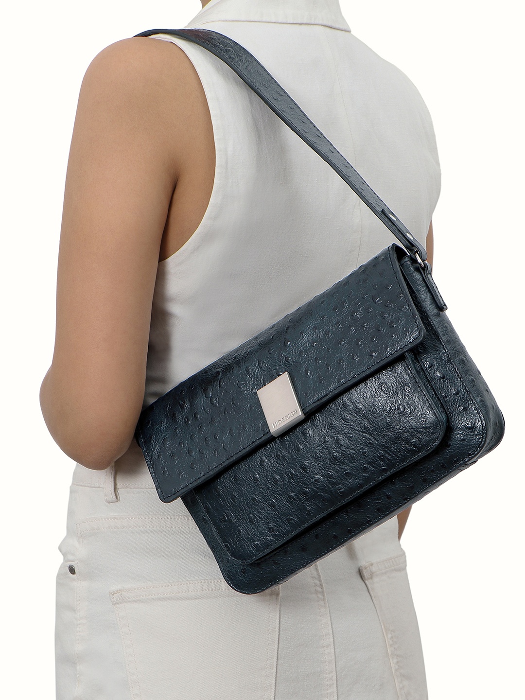 

Hidesign Gatwick-01 Textured Structured Leather Shoulder Bag, Blue