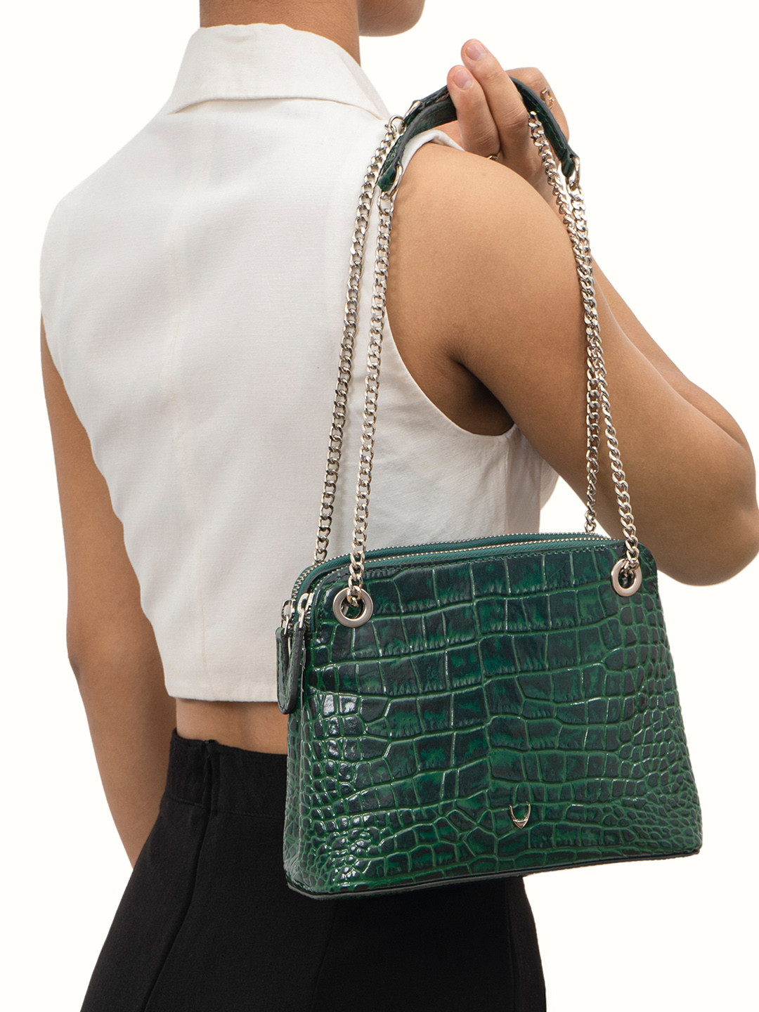 

Hidesign Schiphol-03 Textured Structured Leather Shoulder Bag, Green