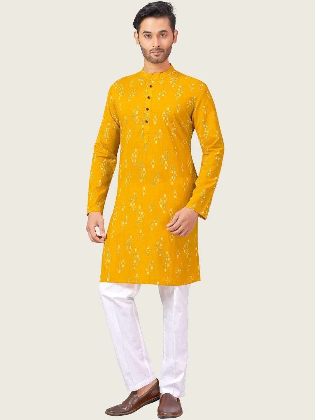 

Studio Shringaar Woven Design Mandarin Collar Cotton Straight Kurta, Yellow