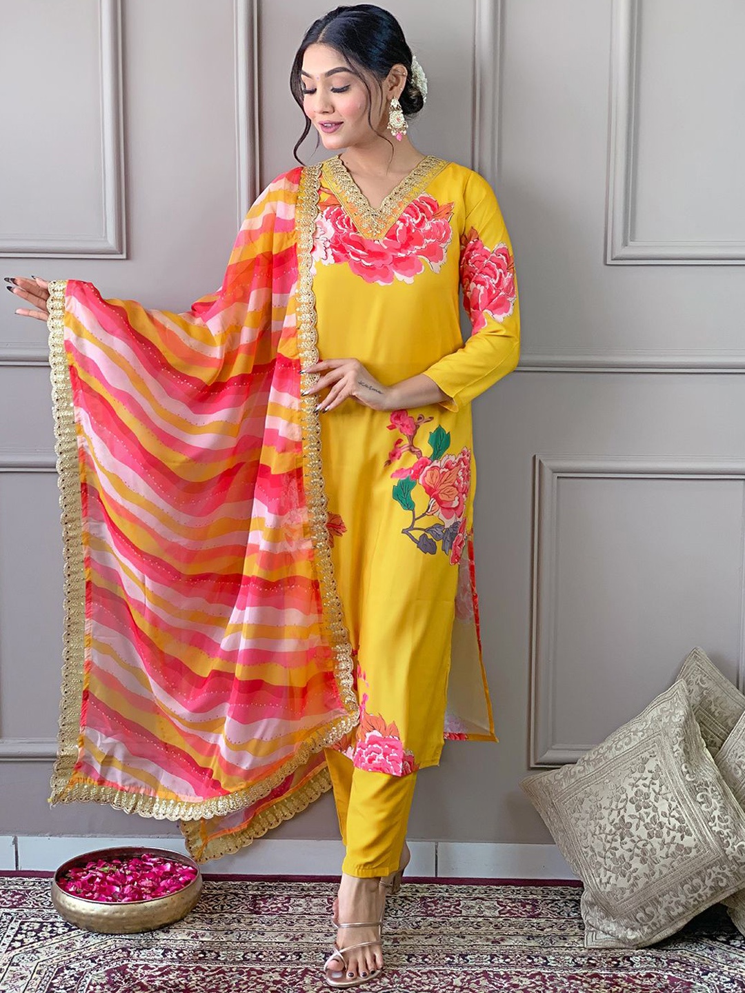 

KALINI Floral Printed V-Neck Regular Gotta Patti Kurta ,Trousers & Dupatta, Mustard