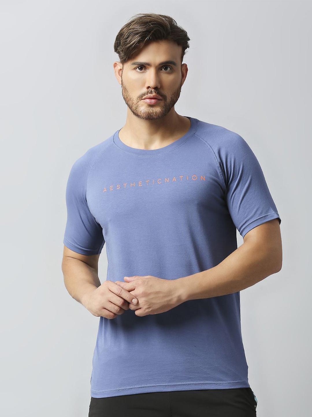 

AESTHETIC NATION Men Typography Raw Edge T-shirt, Blue