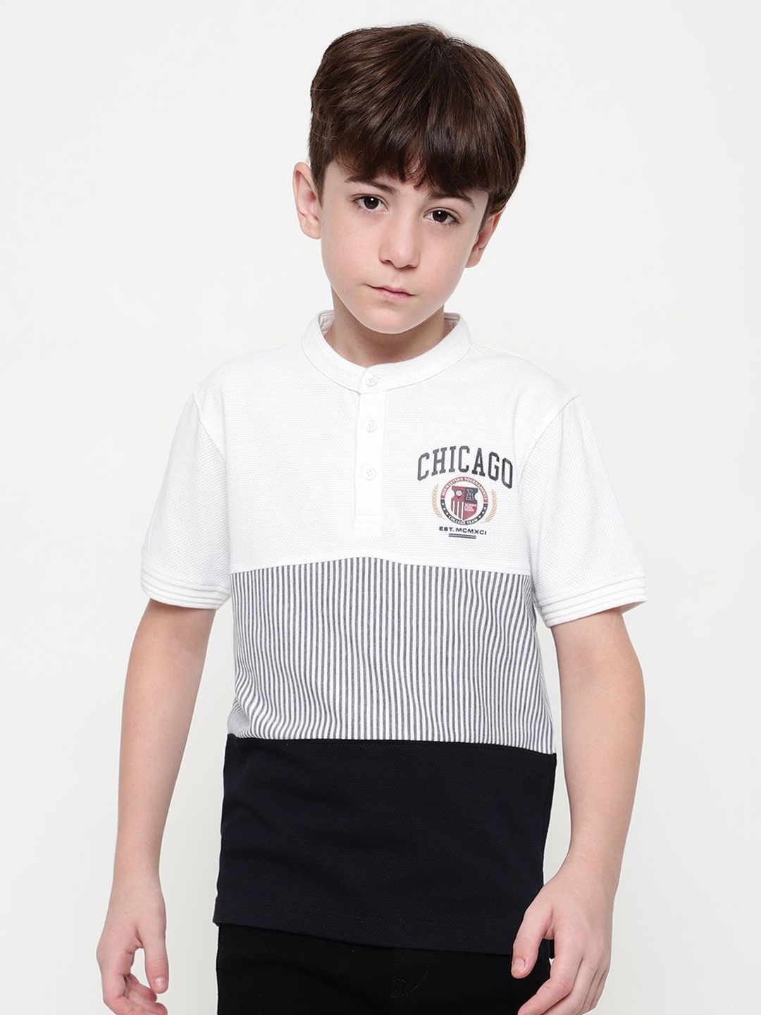

Octave Boys Mandarin Collar Colourblocked T-shirt, White