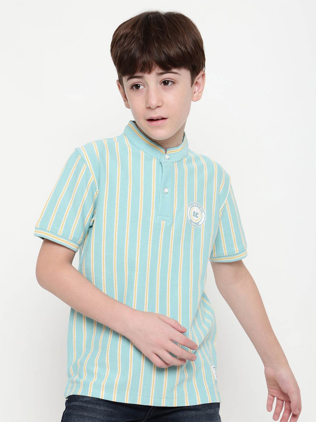 

Octave Boys Striped Mandarin Collar T-shirt, Green