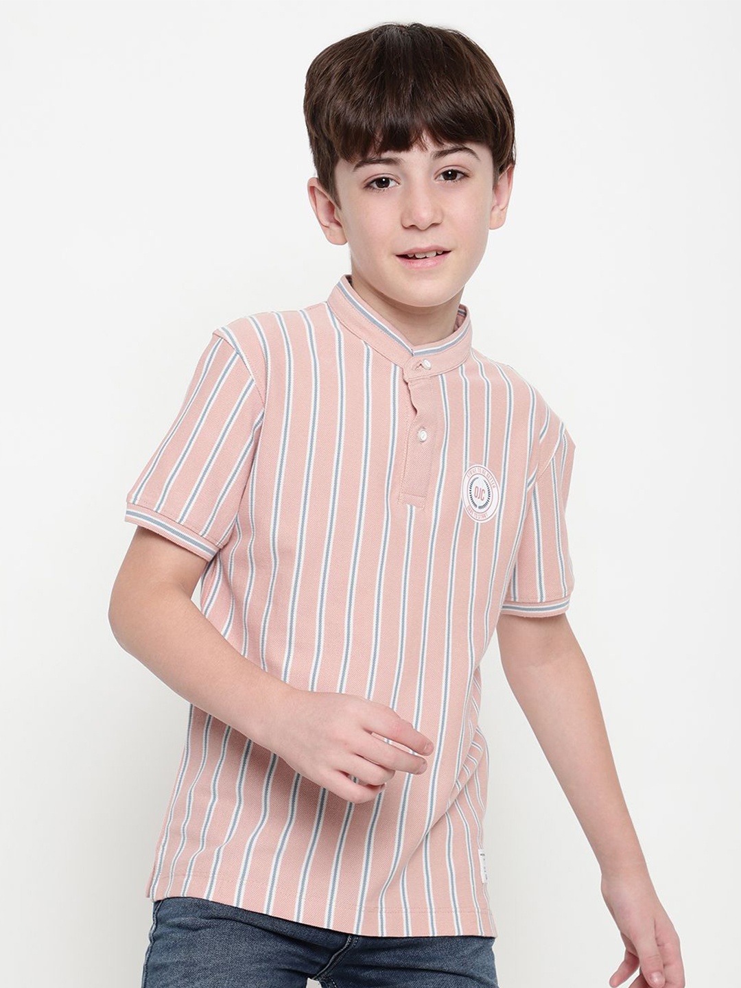 

Octave Boys Striped Mandarin Collar T-shirt, Nude