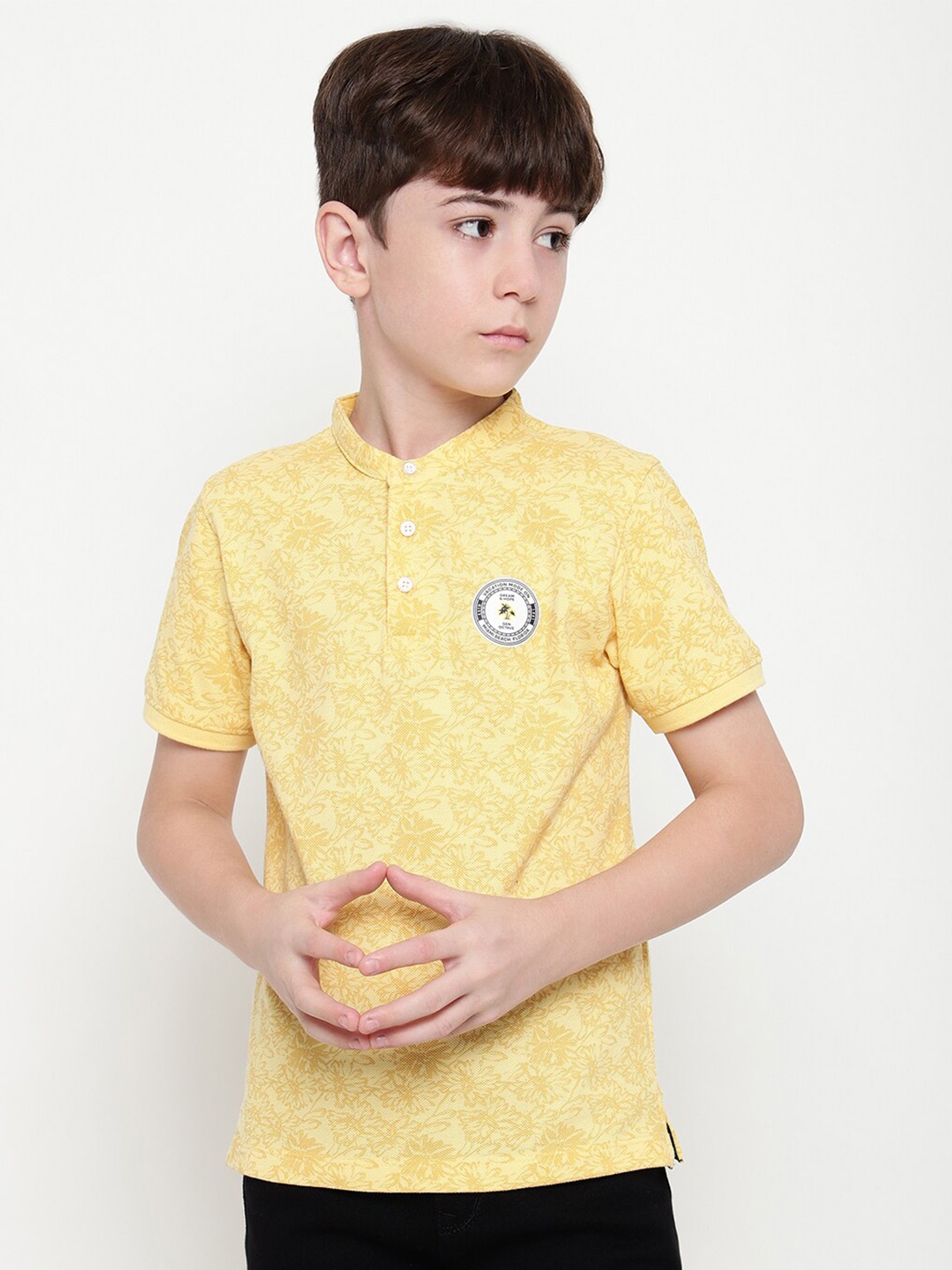 

Octave Boys Mandarin Collar Floral Printed T-shirt, Yellow