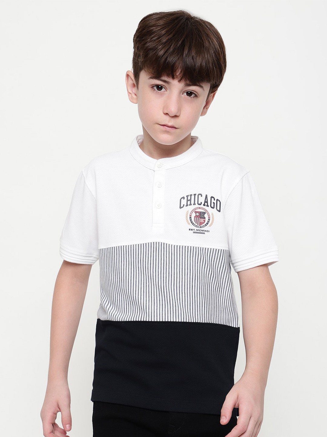 

Octave Boys Mandarin Collar Striped T-shirt, White