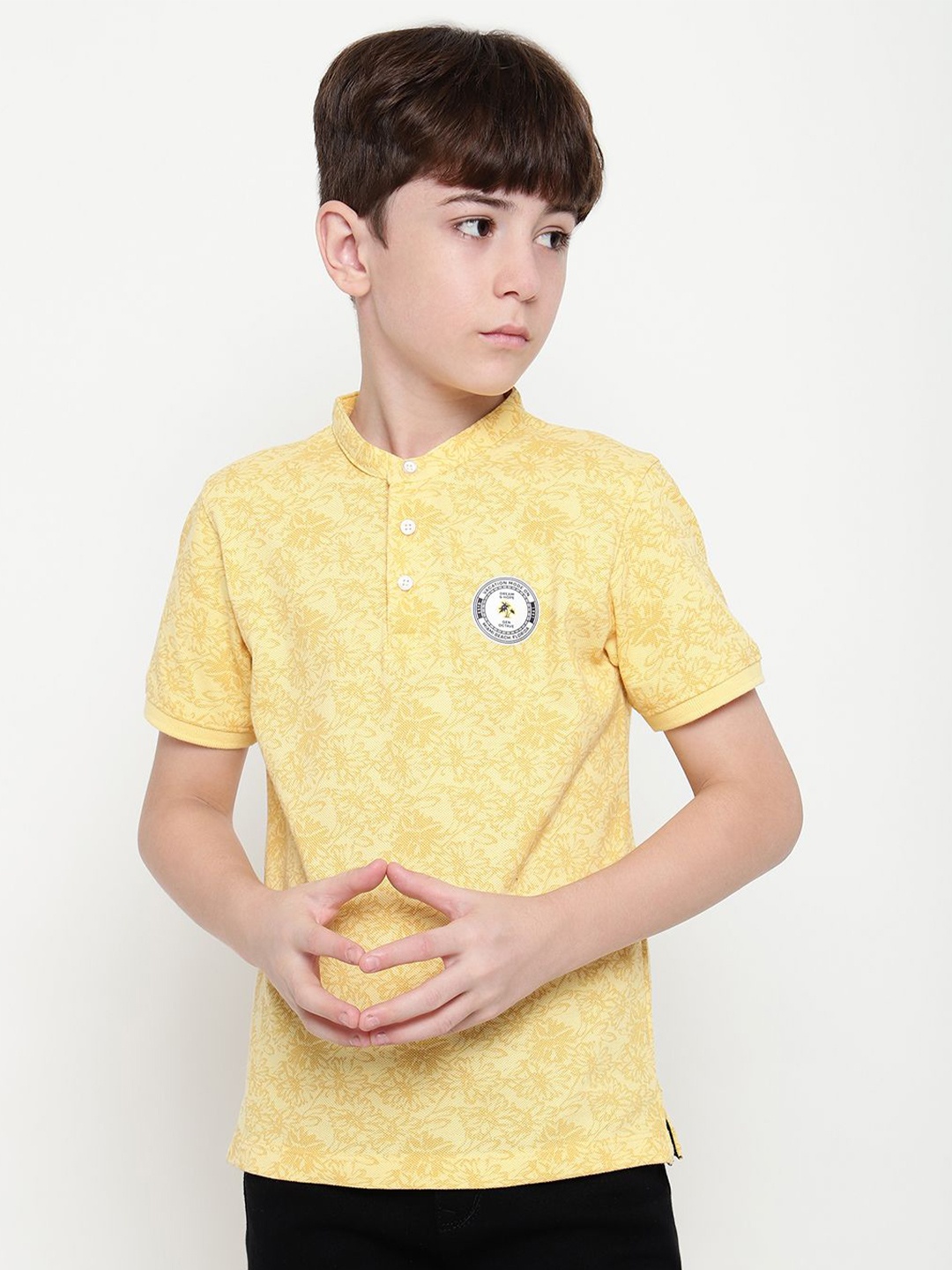 

Octave Boys Mandarin Collar Floral Printed T-shirt, Yellow