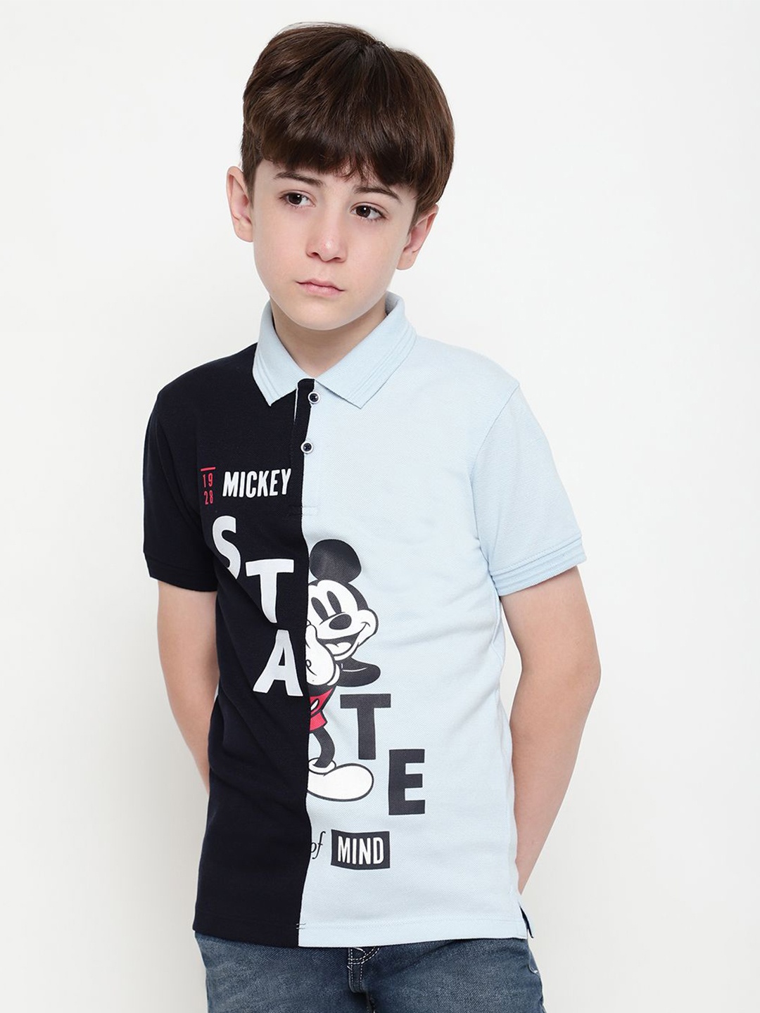 

Octave Boys Colourblocked Mickey Mouse Printed Polo Collar T-shirt, Blue