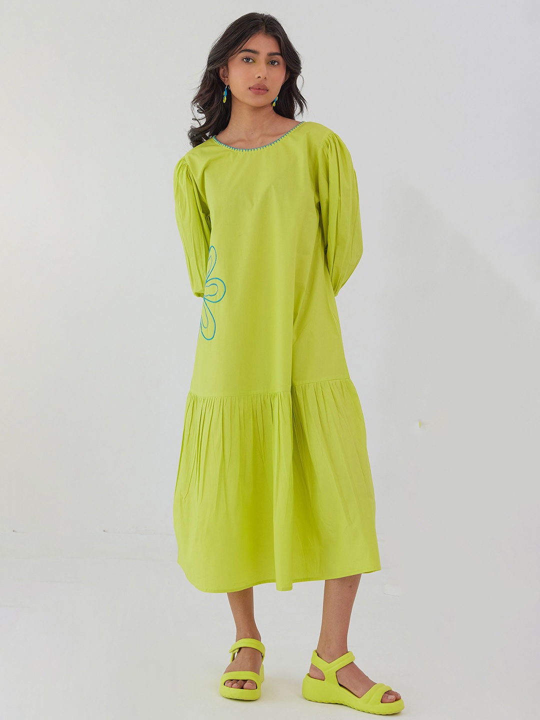 

PINK CACTII Embroidered Drop-Waist Midi Dress, Green