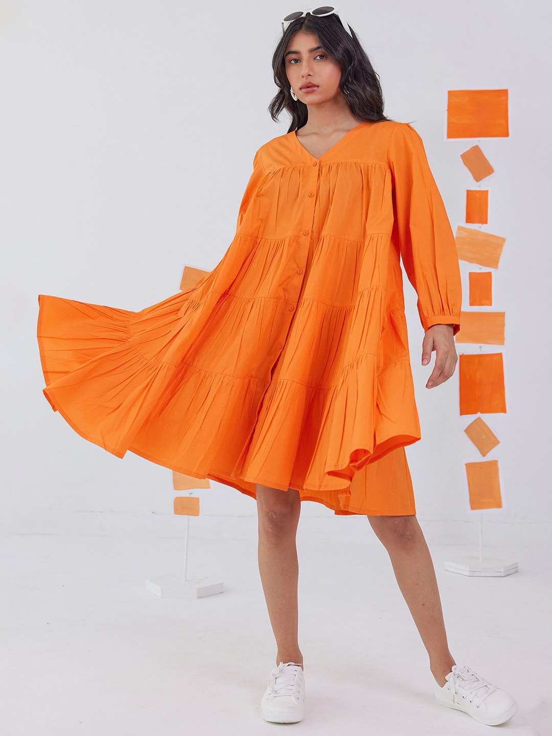 

PINK CACTII Women Flared Sleeve A-Line Dress, Orange
