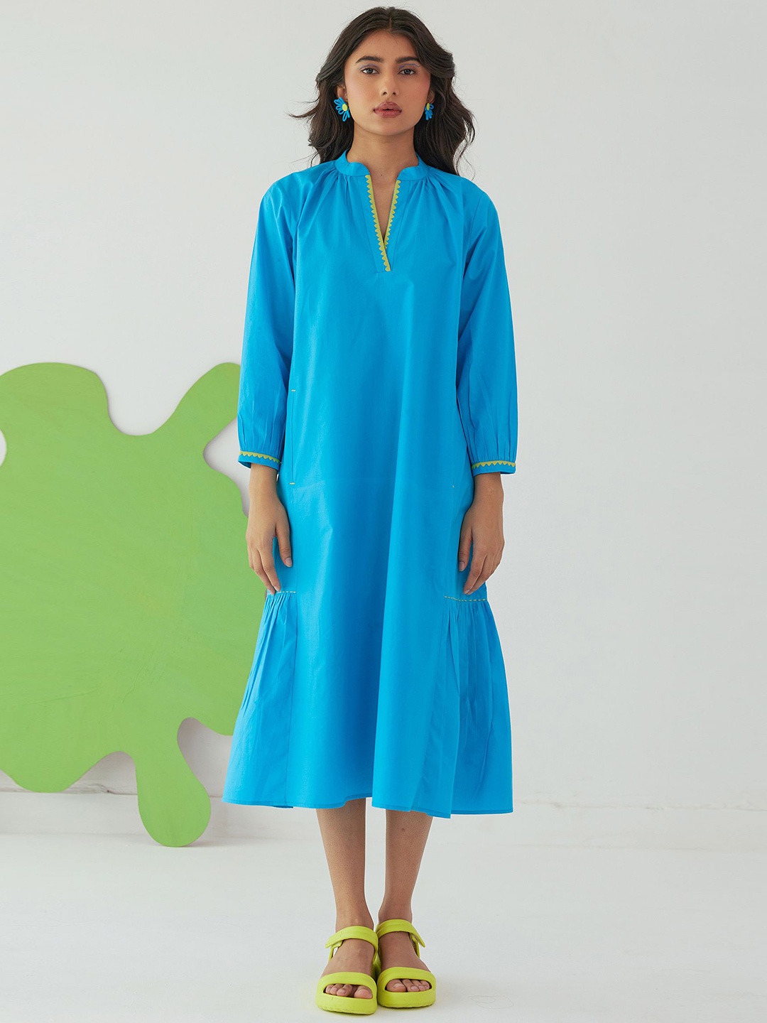 

PINK CACTII Mandarin Collar A-Line Midi Dress, Blue