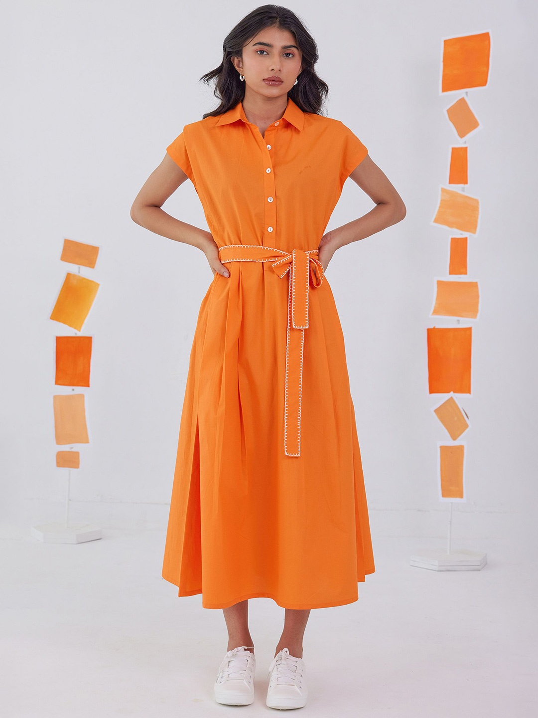 

PINK CACTII Women Shirt Collar Shirt Dress, Orange